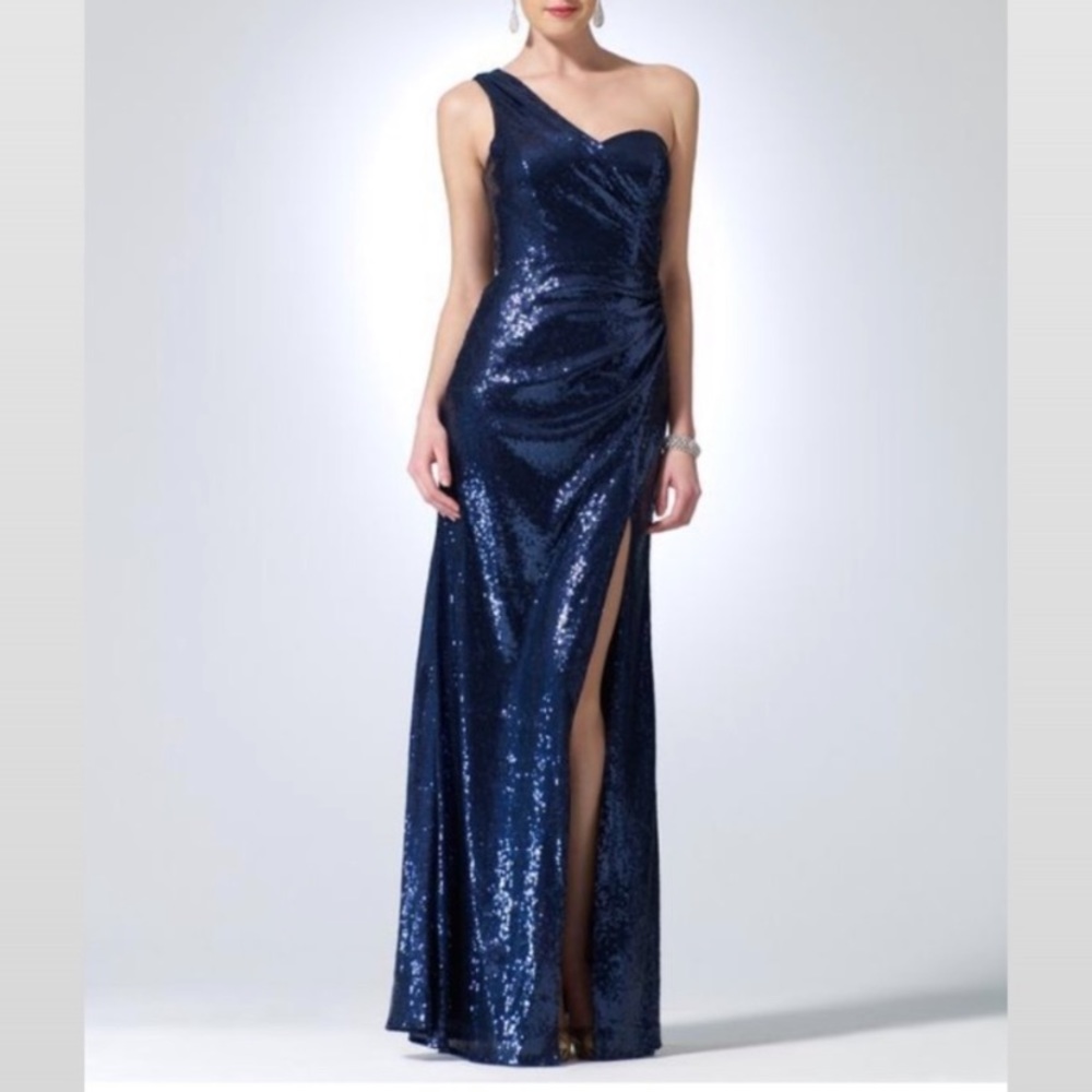 Navy Blue Sequin One-Shoulder Evening gown